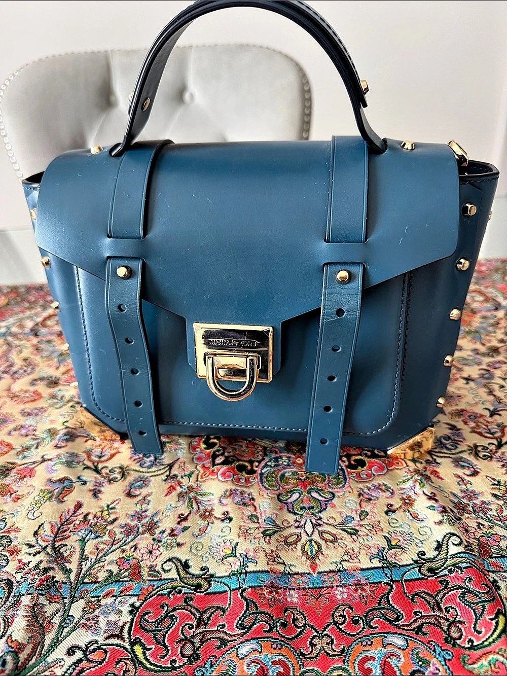 Michael Kors Sylvie Large Studded Leather Satchel Blue